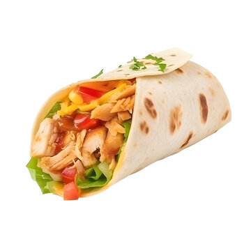 Tortilla wrap with chicken and fresh salad is isolated on a white, transparent background, image ai generate.

