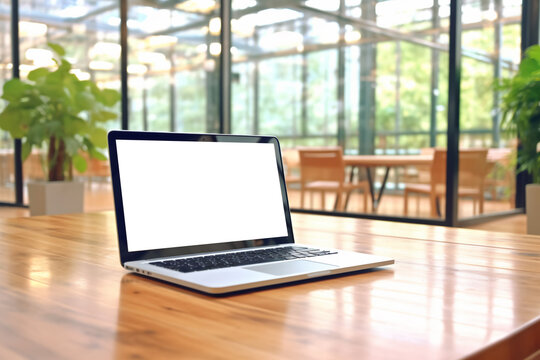 Open laptop computer on a white screen in a wooden floor with a blurred office background, glass and blurred background