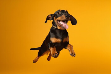 Happy Dachshund dog jumping on yellow background. Generative AI
