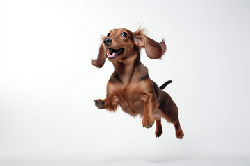 Happy Dachshund dog jumping on white background. Generative AI