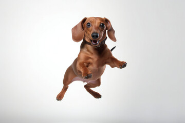 Happy Dachshund dog jumping on white background. Generative AI