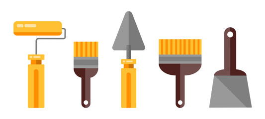 Set of spatula, brushes and roller. Service tools. Industry hand drawn flat collection. Industrial equipment