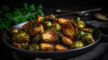 A plate of crispy and flavorful roasted Brussels sprouts, seasoned with herbs and spices