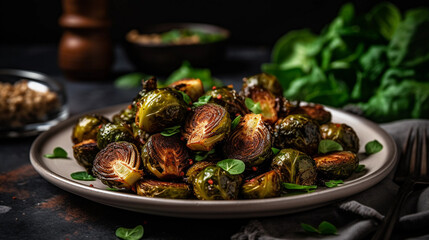 Obraz na płótnie Canvas A plate of crispy and flavorful roasted Brussels sprouts, seasoned with herbs and spices