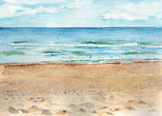 Hand drawn watercolor illustration of sea landscape and sand beach. Sunny weather, blue sky with clouds.