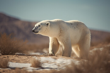 Obraz na płótnie Canvas Polar bear walking in dry landscape with melting snow. 