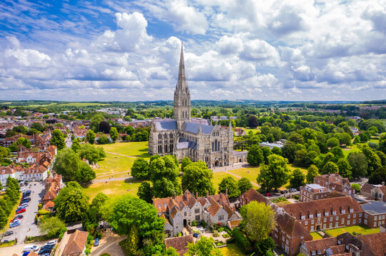 Aerial view of Salisbury Cathedral and surroundings on summer day