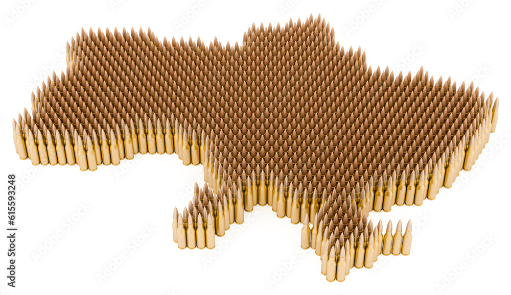 Poster ukrainian map from bullets, 3d rendering