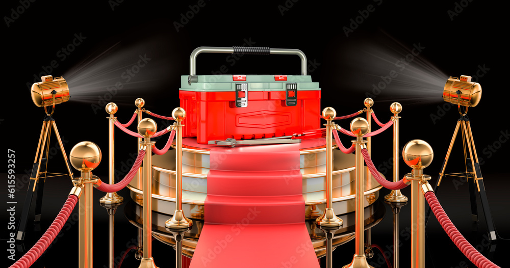 Poster podium with toolbox, 3d rendering