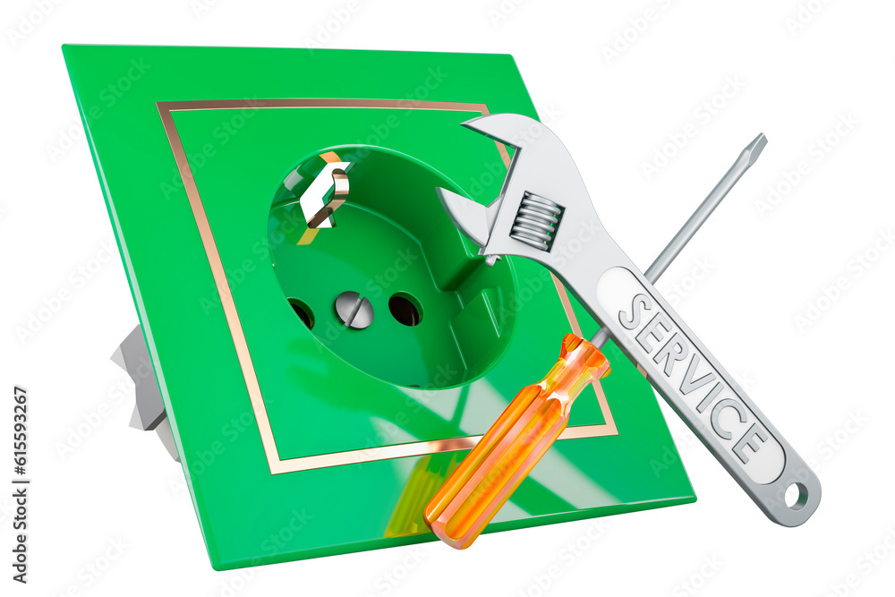 Poster electric socket with screwdriver and wrench, 3d rendering