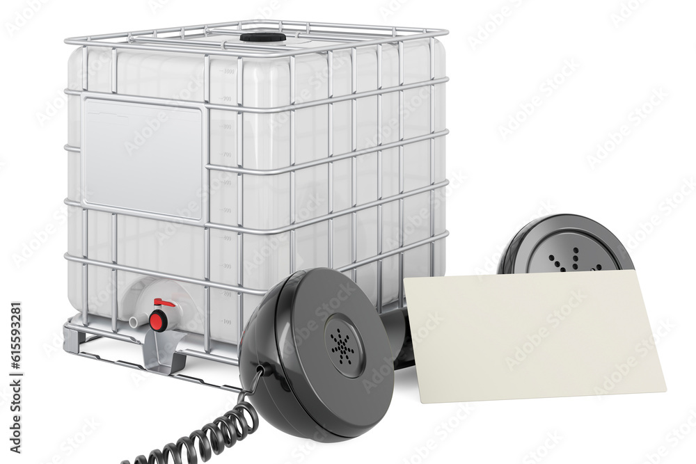 Poster intermediate bulk with blank business card and retro phone receiver. 3d rendering