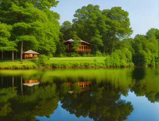 Obraz premium Beautiful wooden house near the river, generative ai. Beautiful natural landscape