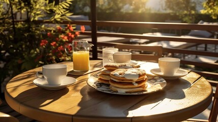 Fototapeta premium Breakfast table with cappuccino and pancakes, beautiful sunny scene. Created with Generative Ai technology.