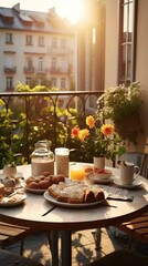 Fototapeta na wymiar Breakfast table with cappuccino and pancakes, beautiful sunny scene. Created with Generative Ai technology.