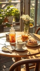 Breakfast table with cappuccino and pancakes, beautiful sunny scene. Created with Generative Ai technology.
