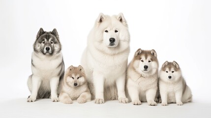 Akita Dog Family. Dogs Sitting in a Group on White Background.