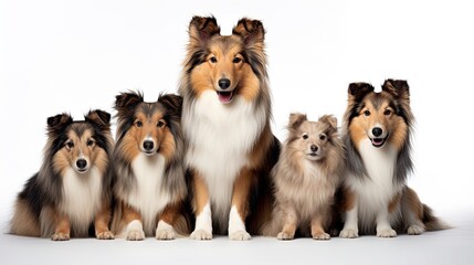 Collie Dog Family. Dogs Sitting in a Group on White Background