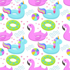 Inflatable rubber toys for water and beach. Inflatable swimming circle with blue unicorn, flamingo, circle pattern. Seamless vector pattern for summer and marine themes.