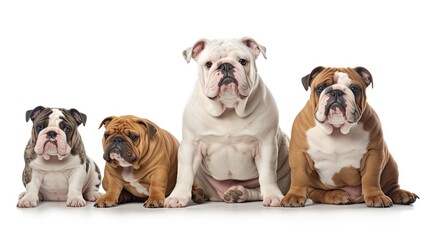English Bulldog Dog Family. Dogs Sitting in a Group on White Background