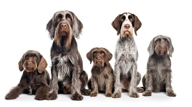 German Wirehaired Pointer Dog Family. Dogs Sitting in a Group on White Background