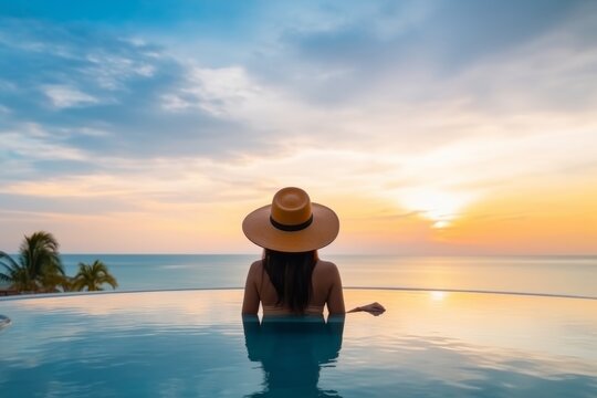 Back view of young adult women enjoy relax in infinity edge luxury outdoor swimming pool. Look beautiful panorama in warm summer sunset light. Concept wellness travel. Generative AI