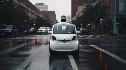 Fototapeta premium Self-driving car. Software sensor on the roof of the car scans the road. Generative Ai technology.