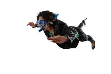 businesswoman with mask swims underwater