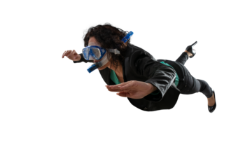 businesswoman with mask swims underwater