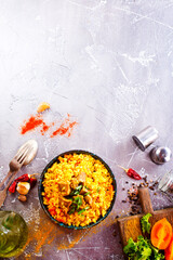 National Uzbek pilaf with meat,. background image.