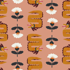 Cute oriental vector seamless pattern with hand-drawn dragons and lotus flowers. Indesian, Asian Folklore snake repeat