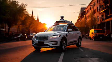 Self-driving car. Software sensor on the roof of the car scans the road. Generative Ai technology.