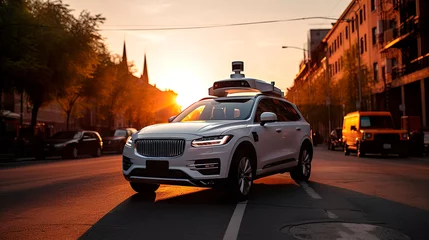 Fotobehang Self-driving car. Software sensor on the roof of the car scans the road. Generative Ai technology. © Irina