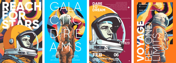 Space. Astronaut. Set of vector posters. Typography design and vectorized illustrations on the background. - obrazy, fototapety, plakaty