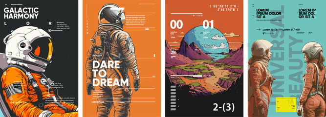 Space. Astronaut. Set of vector posters. Typography design and vectorized illustrations on the background.