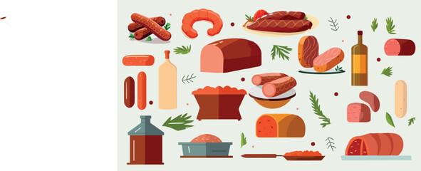 Meat sausages. Sausages assortment vector illustration set. Food, meat dish.