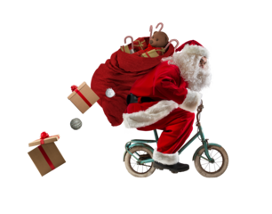 Santaclaus rides bike to deliver fast christmas gifts