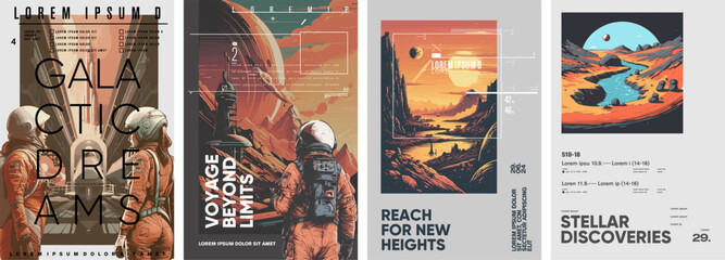 Space. Astronaut. Set of vector posters. Typography design and vectorized illustrations on the background.