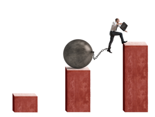 businessman tries to jump attached to a big ball