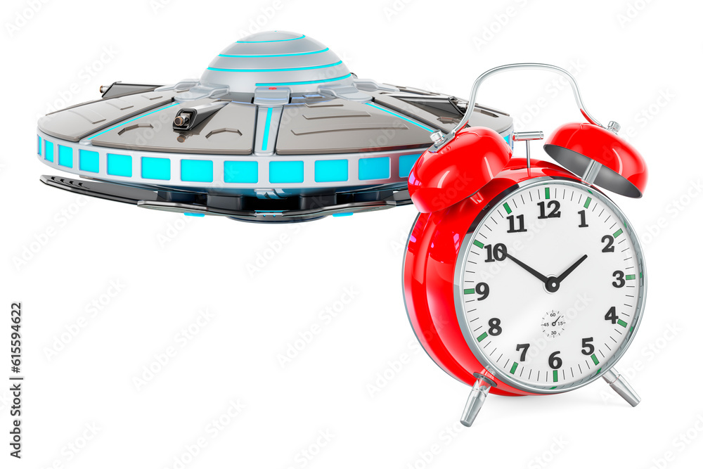 Poster ufo with alarm clock, 3d rendering