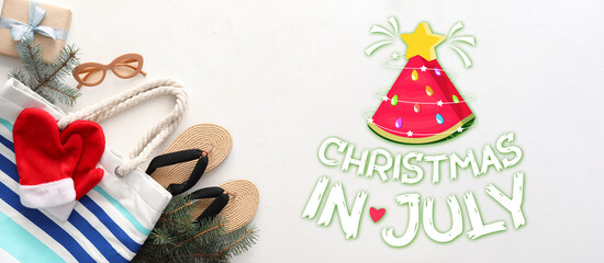 Obraz premium Banner with text CHRISTMAS IN JULY, beach accessories and Santa mittens