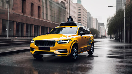 Fototapeta na wymiar Self-driving yellow taxi. Software sensor on the roof of the car scans the road. Generative Ai technology.