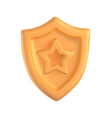 Golden award icon. Gold shield reward for winners reaching and leveling up. Three dimensional badge for user interface, apps and online games. 3d vector illustration isolated on white background