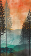 A tranquil forest landscape grunge style poster art. AI generated