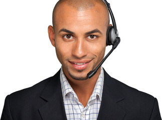 Portrait of a smiling man with headset working as a call center operator