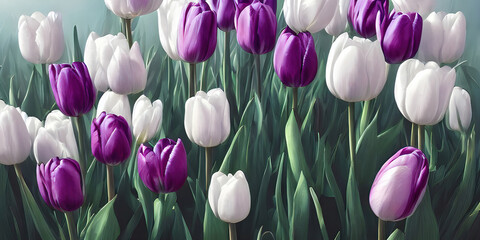 Fioletowe i białe tulipany. Generative AI
