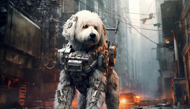 Portrait of cute dog dressed in a robotic battle suit, navigating the tumultuous streets of a chaotic cityscape. Based on Generative Ai.