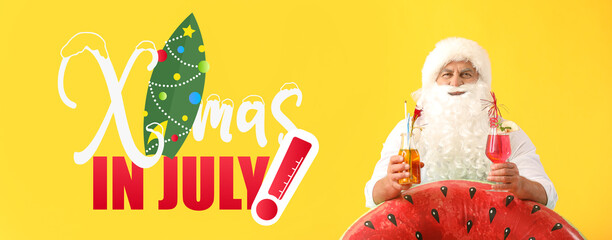 Banner with text CHRISTMAS IN JULY, Santa Claus with cocktails and inflatable ring