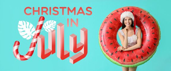 Banner with text CHRISTMAS IN JULY and young woman in Santa hat and inflatable ring