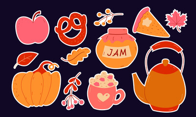 Autumn set of stickers, hand drawn elements- apple, jam, teapot, berries, marshmellow, pie, pumpkin.