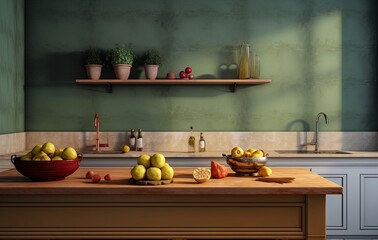 Table on green kitchen. Illustration AI Generative.